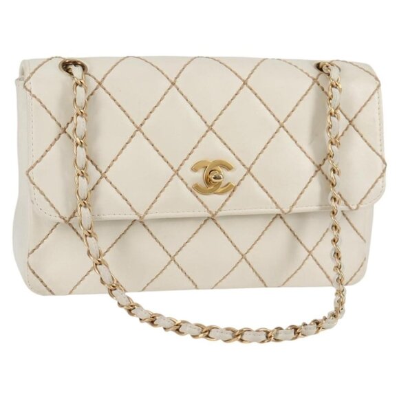 CHANEL Wild Stitch Chain Shoulder Bag Leather White Gold CC Auth 126496V - Picture 1 of 16